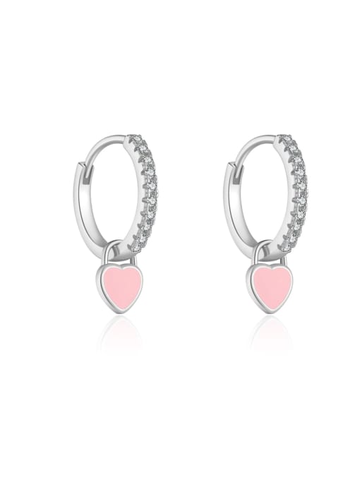 Platinum [Pink Love] 925 Sterling Silver Cubic Zirconia Enamel Heart Trend Stud Earring